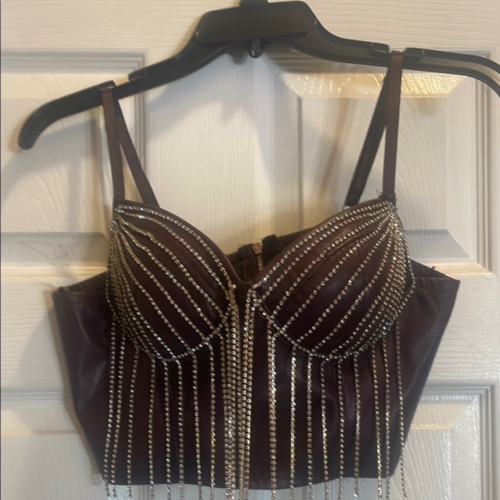 Elegant Rhinestone Embellished Brown Top
